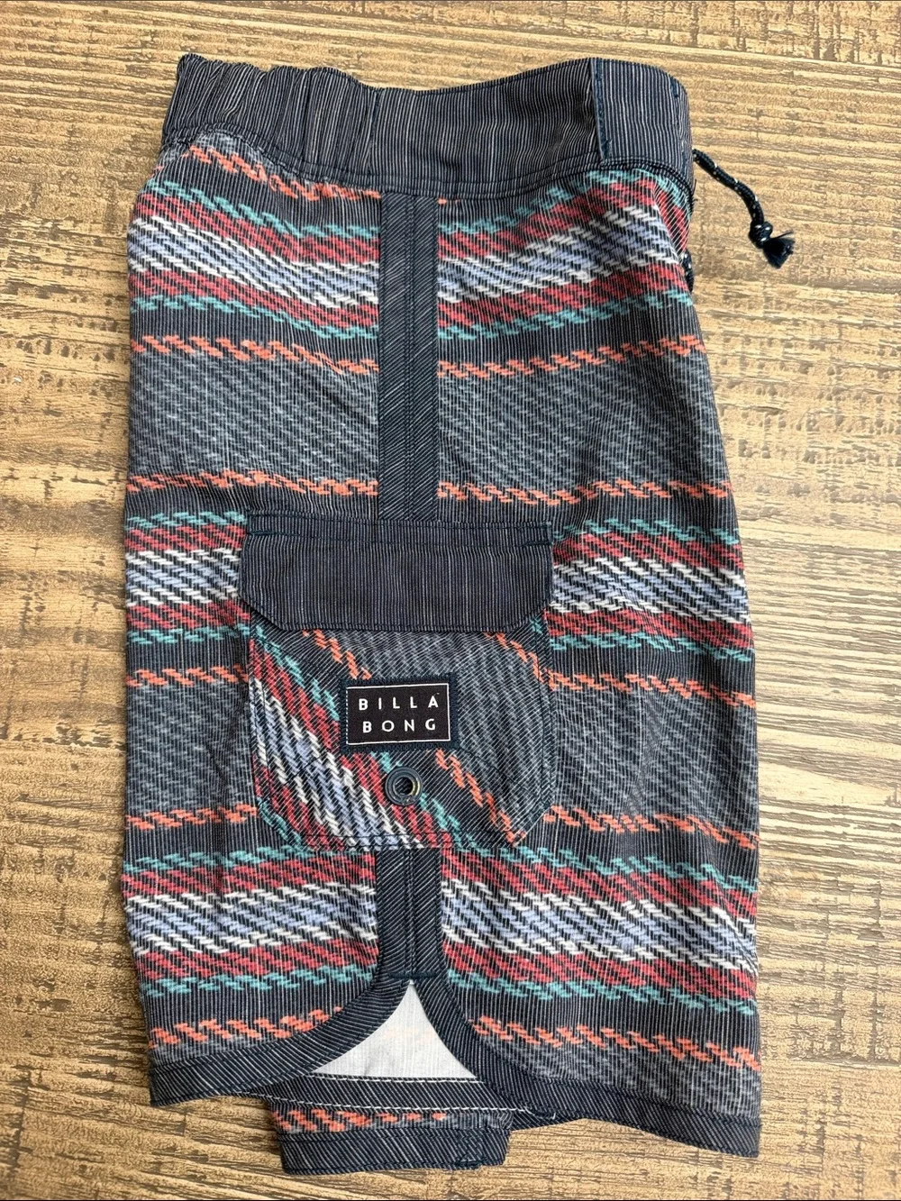 Billabong Kids Gray Swim Trunks with Red and Teal Stripes